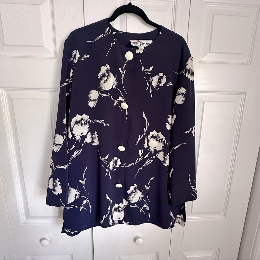 Vtg Caron Components Jacket Womens 16 Navy White Floral Print Long Sleeve Office